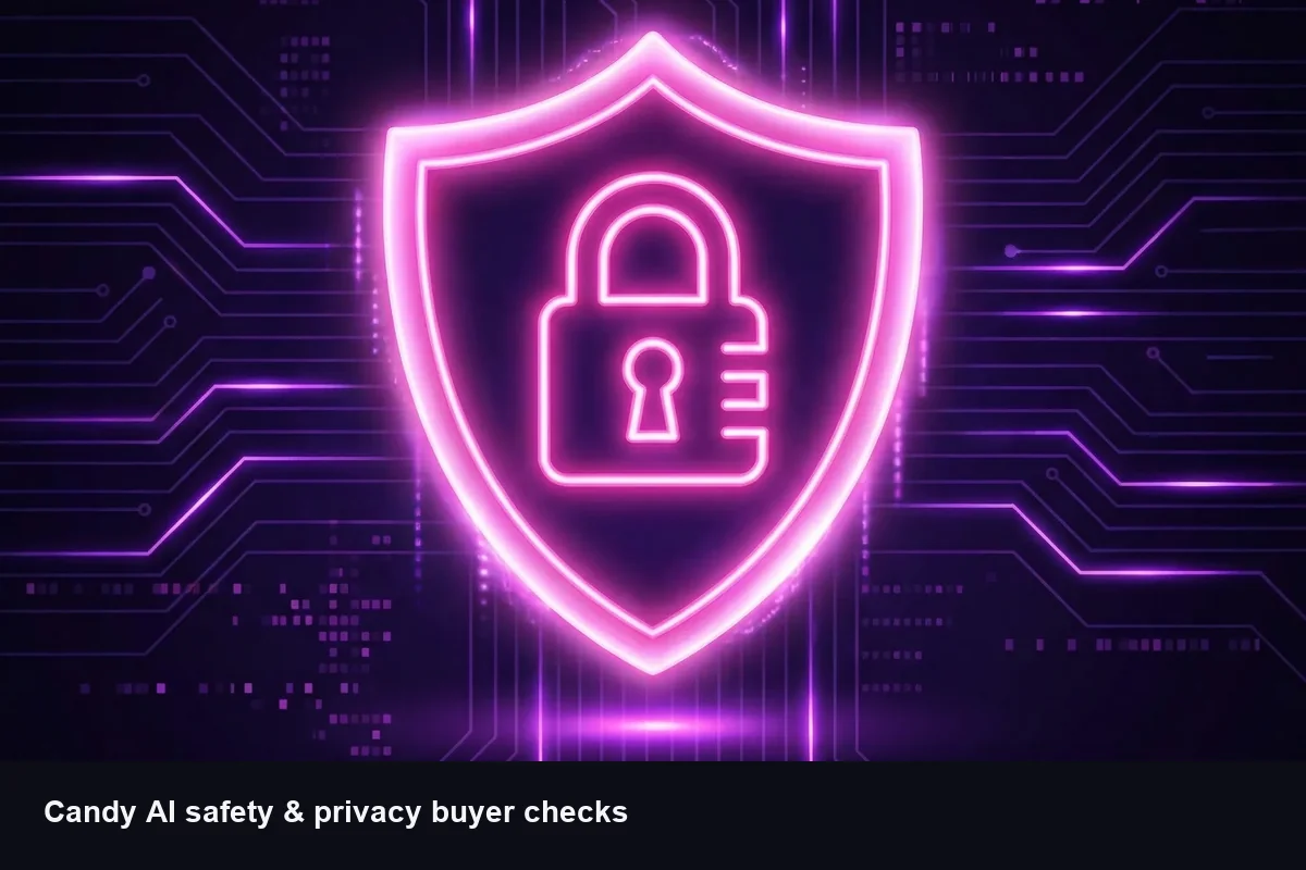 Neon shield and padlock illustrating Candy AI safety and privacy checks